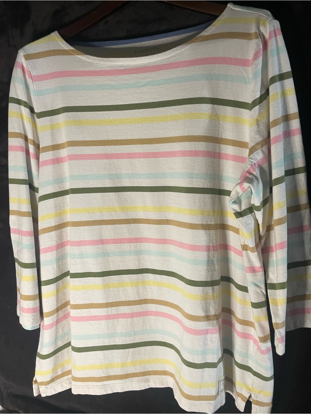 Talbots White Boatneck 3/4” Sleeve Top with Pastel Stripes Size-XL